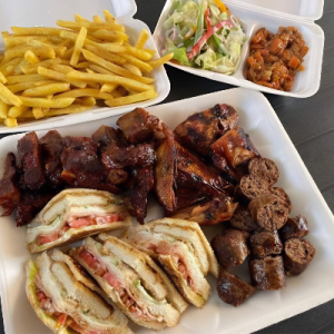 Chicken Burger Sandwich, Wings, Chakalaka, Coleslaw, Ribs, Wors & Chips